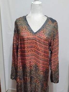 Johnny Was Silk V-Neck Long Sleeve Printed Tunic Dress - Rust and Charcoal